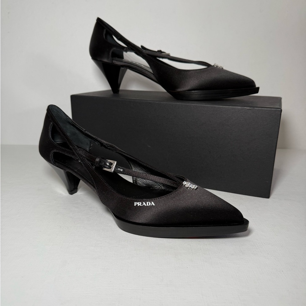 Prada Women's Black Silk Slip On Buckle Criss Cross Heels, Sz 6US